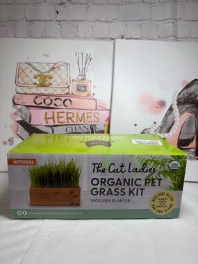 Cat Ladies Indoor Outdoor Cat Grass Kit Organic Rustic Wood Planter, Seeds, Soil